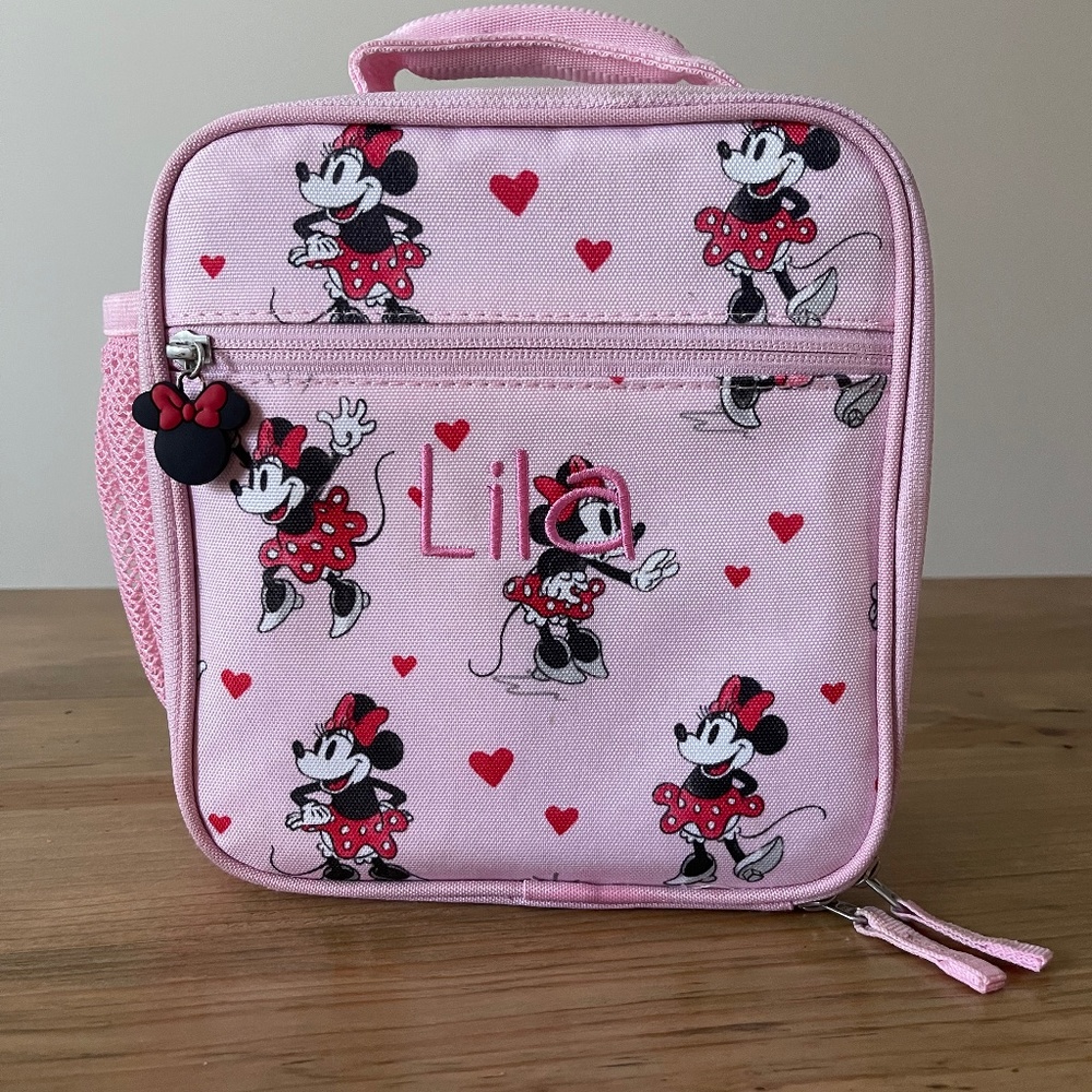 Pottery Barn Minnie Mouse lunchbox with “Lila” embroidered